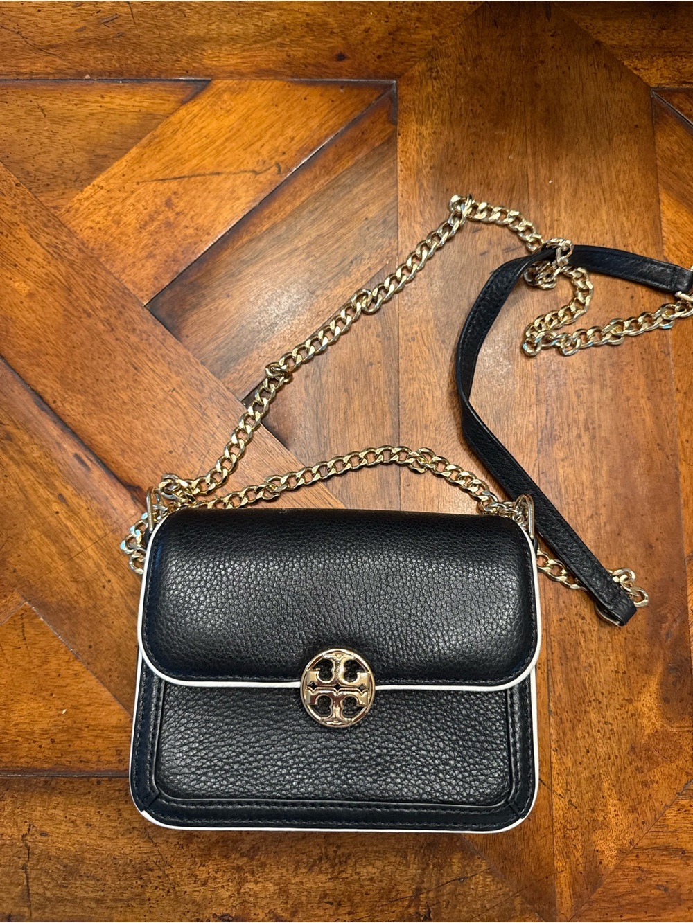 Tory Burch Black Leather Crossbody with Gold Chain and White Piping